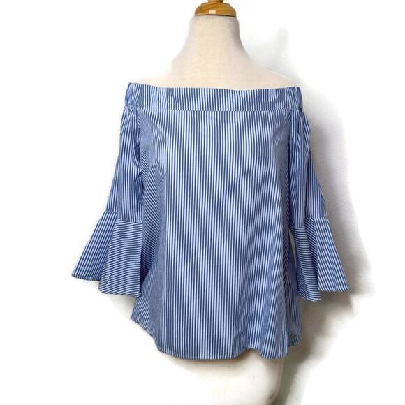 Cupio Tops - Cupio Womens Stripe Off-Shoulder Blouse Large Blue Bell Sleeve Nautical Preppy